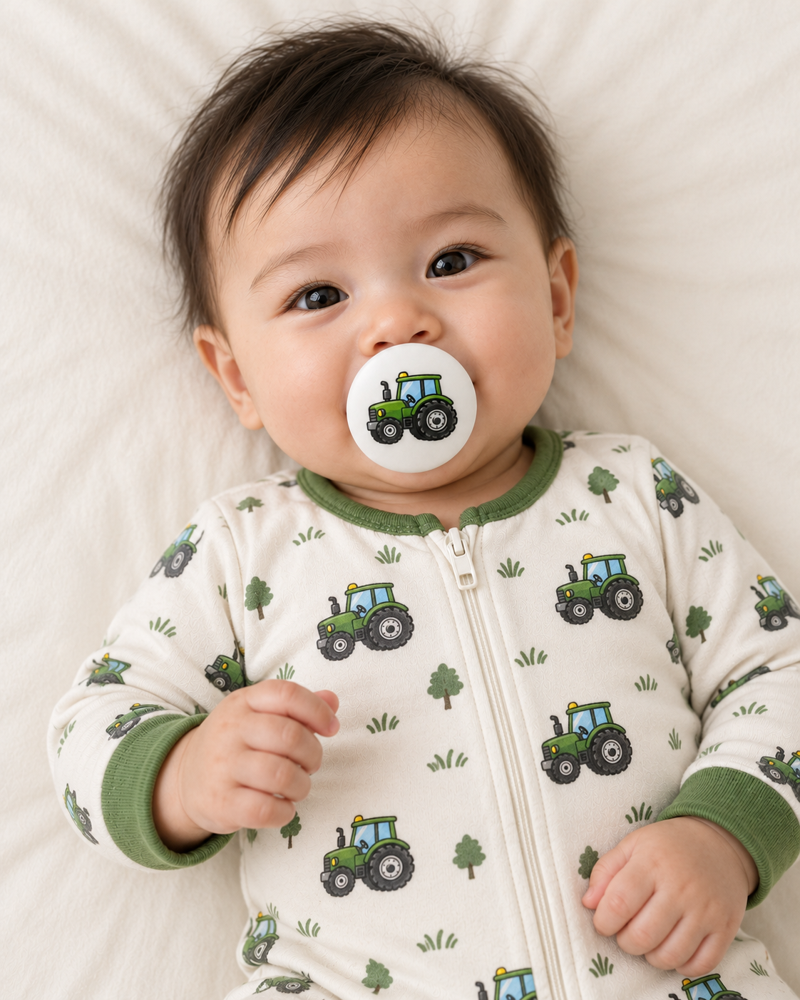 Green Tractor pacifier cover lifestyle photo