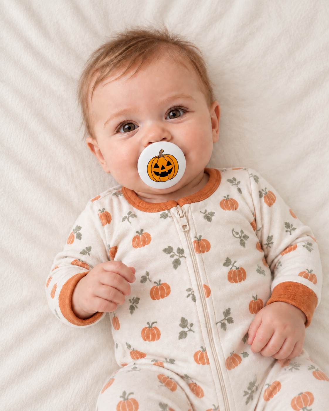 Jack-O-Lantern pacifier cover lifestyle photo