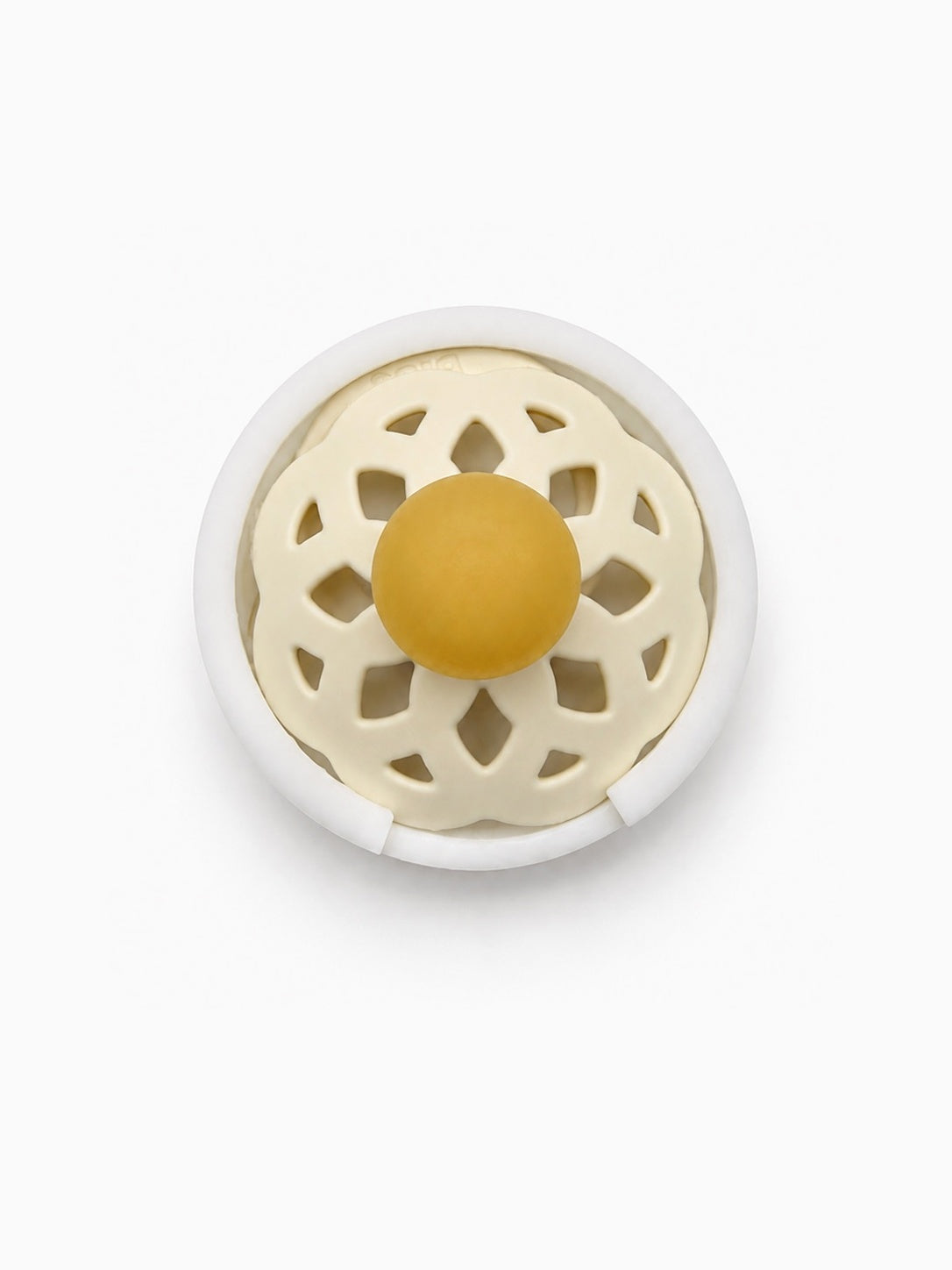 Perfect Paci pacifier cover installed on a pacifier, top view