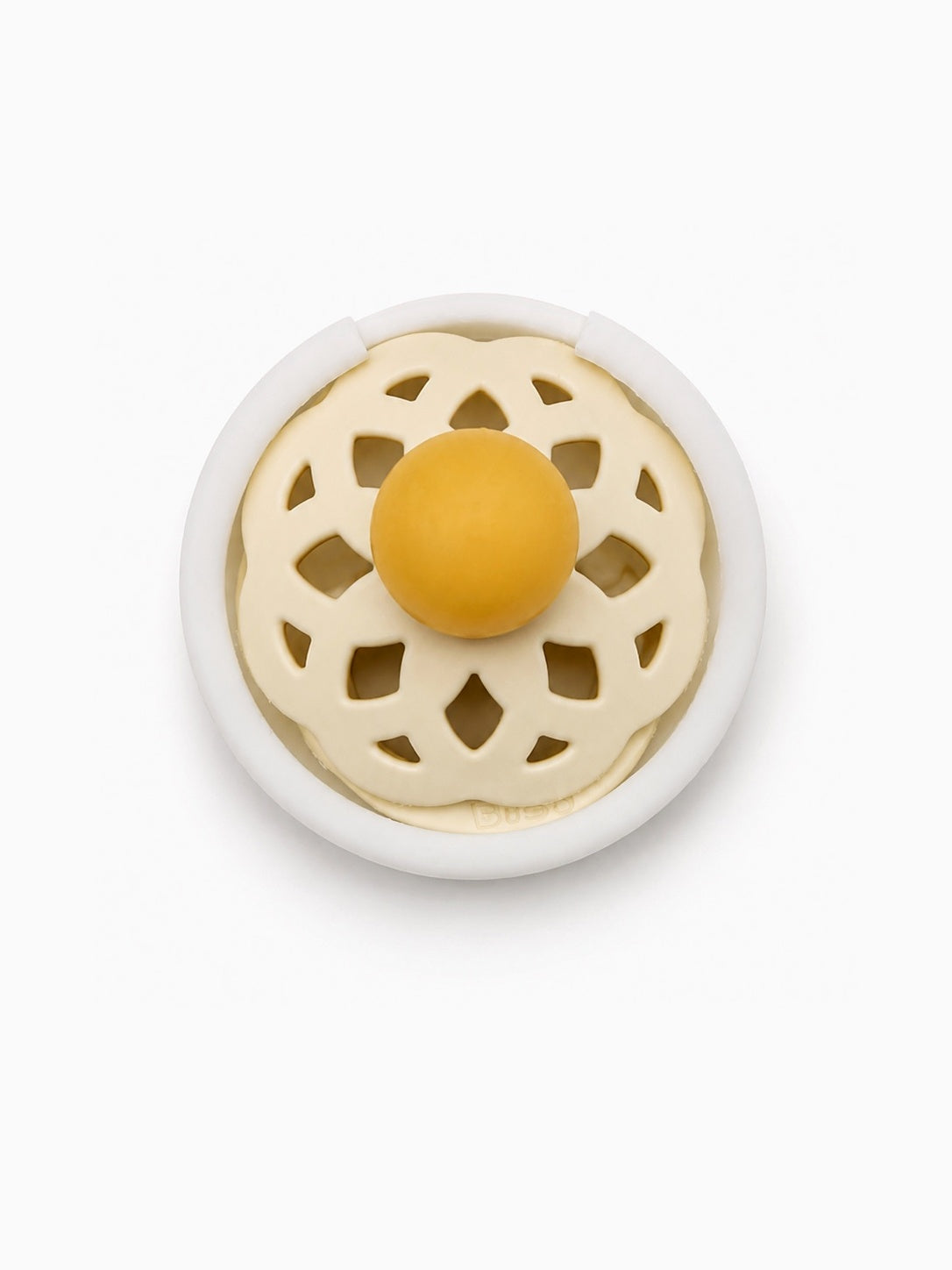 Perfect Paci pacifier cover installed on a pacifier, top view alternate angle