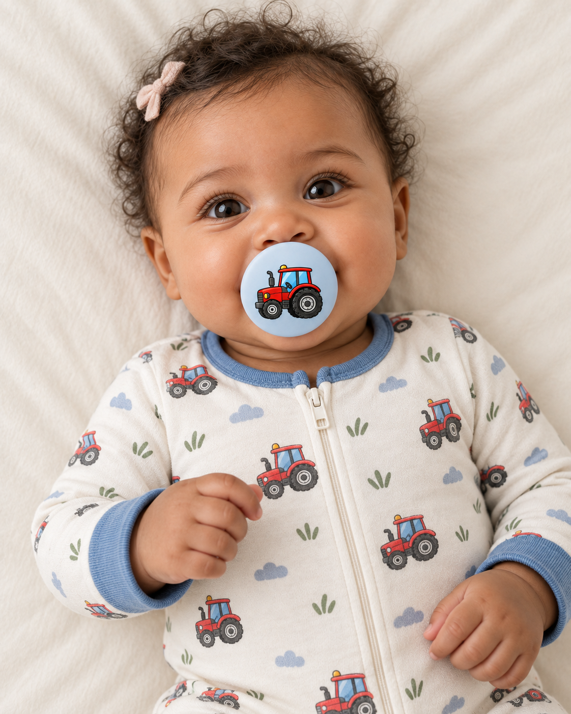 Red Tractor pacifier cover lifestyle photo