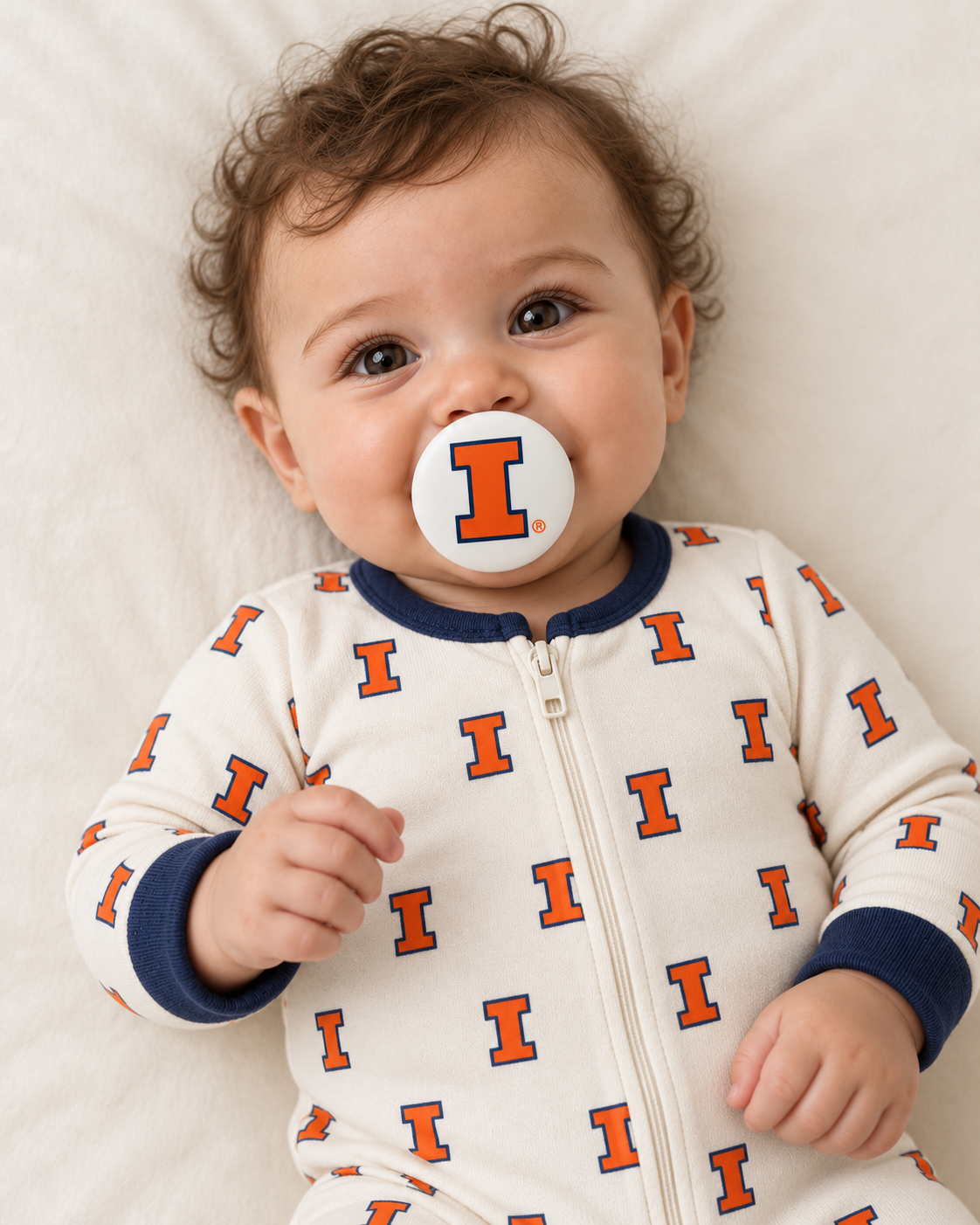 University of Illinois personalized pacifier cover shown with baby gift setup